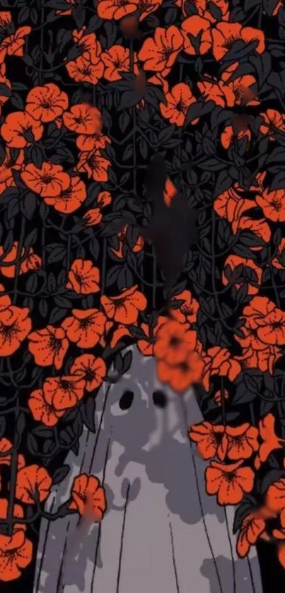 Ghost among orange flowers in dark foliage mobile wallpaper.