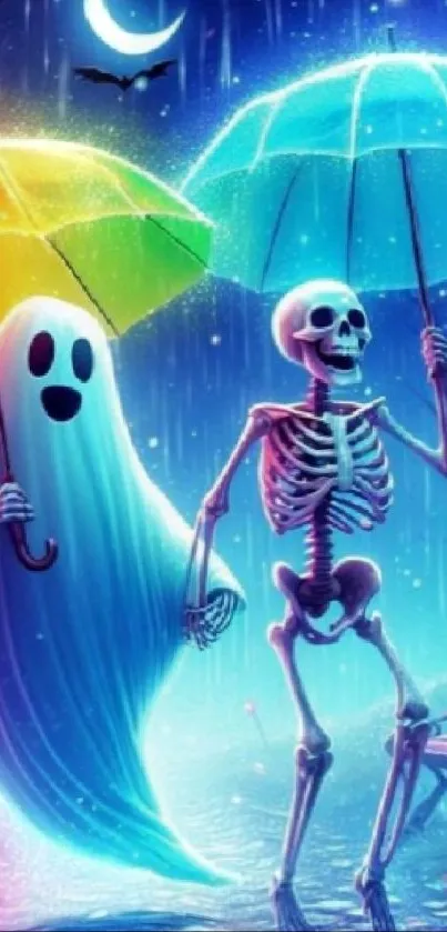 Whimsical skeleton and ghost with umbrellas, set in vibrant rain art.