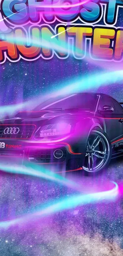 Neon Ghost Hunter car with cosmic backdrop and vibrant colors.