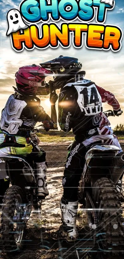 Motocross bikers at sunset with Ghost Hunter logo.