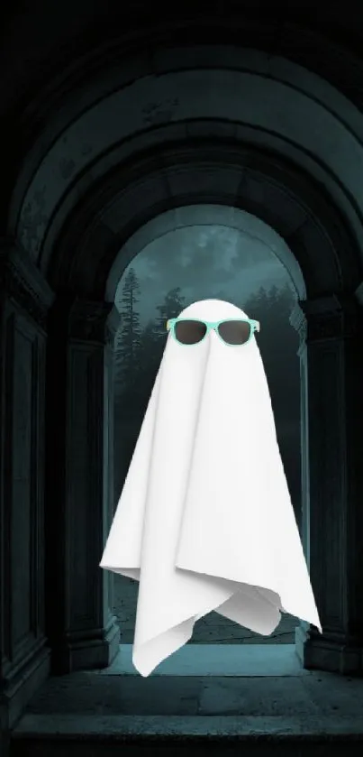 Ghost in sunglass under gothic arch.