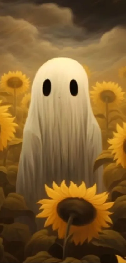 Mysterious ghost in a sunflower field with a moody sky, artistic mobile wallpaper.