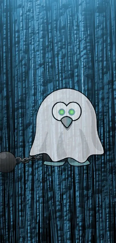 Whimsical ghost on a textured dark blue background.