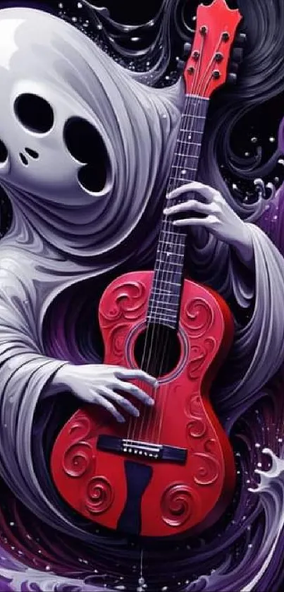 Ghost playing guitar with purple and red hues, artistic wallpaper.