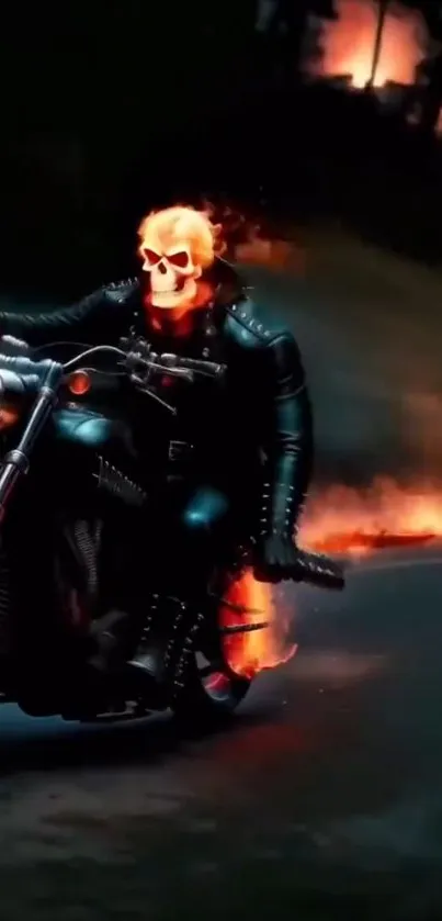 Ghost Rider on a flaming motorcycle in the night.