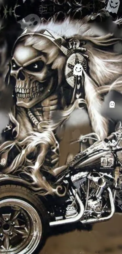 Ghost rider skull art with motorcycle and dark theme.