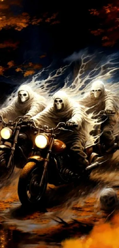 Ghostly figures riding motorcycles through an autumn forest.