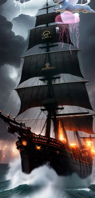 Ghost ship sailing through a stormy sea with glowing elements.