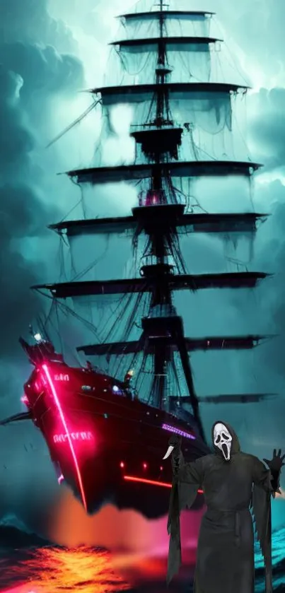 Ghostly ship in stormy seas with neon glow.