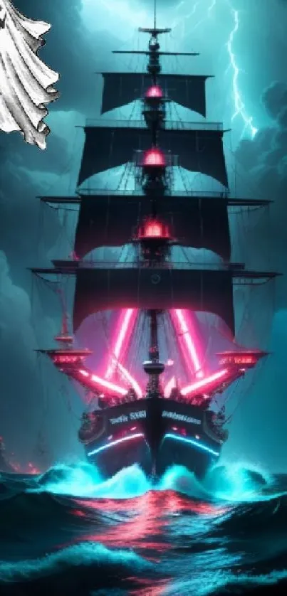 Ghostly pirate ship sails through a lightning storm over dark, turbulent waters.