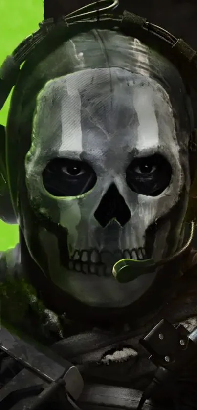 Ghost skull gaming wallpaper, vibrant green highlights.