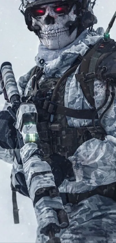 Ghost soldier in snow camo with glowing eyes and stealth gear.