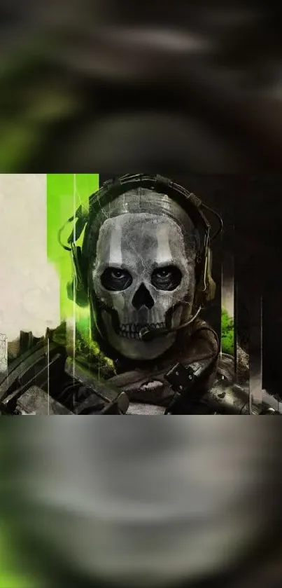 Ghost soldier wallpaper with skull mask and green accents.