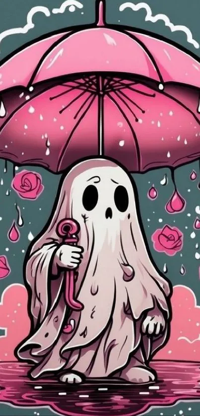 Cartoon ghost with pink umbrella and roses wallpaper.