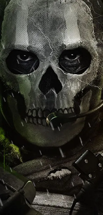 Dark-themed mobile wallpaper of a ghostly masked warrior with vivid green highlights.