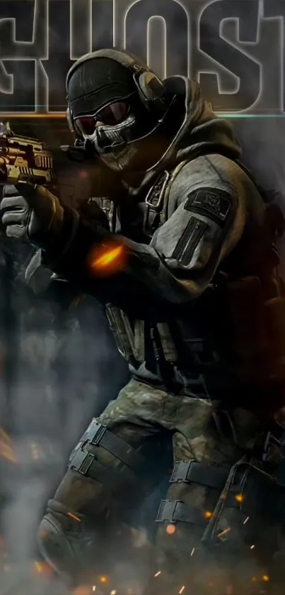 Ghost warrior in tactical gear with a dark and intense backdrop.