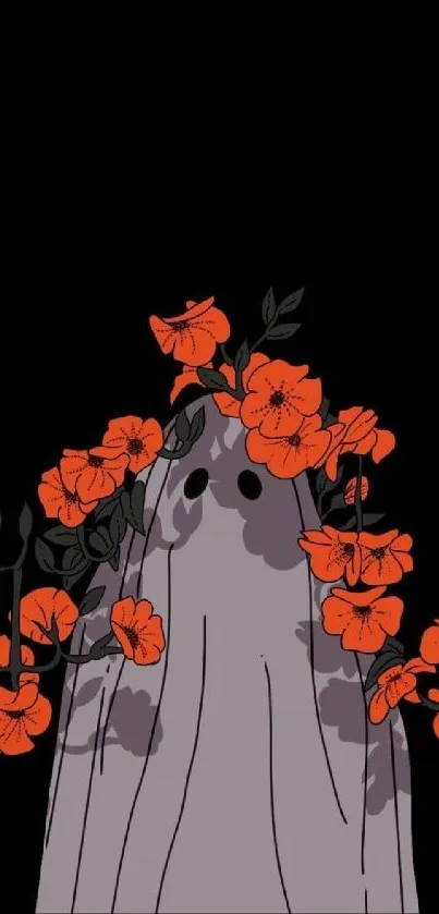 Whimsical ghost with orange floral crown on a dark background.