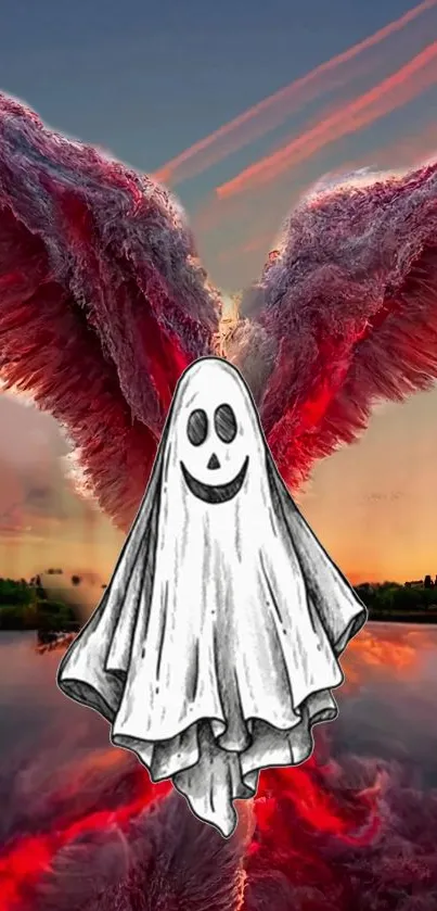 Ghost with vibrant red wings in a sunset sky.