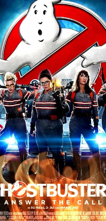 Ghostbusters movie poster with team and logo.