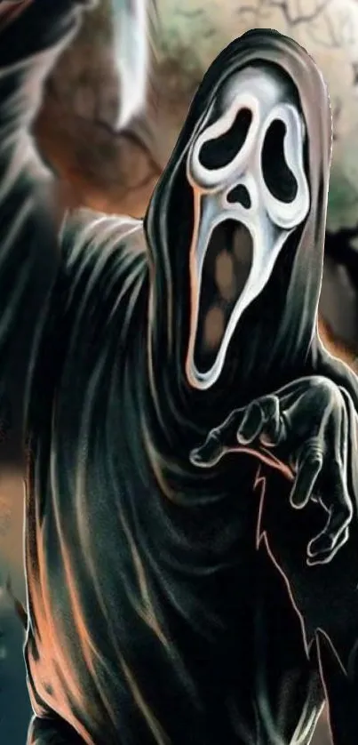 Ghostface with white mask, dark spooky background.