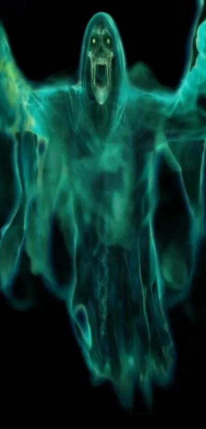 Eerie ghostly apparition with teal glow on dark background.