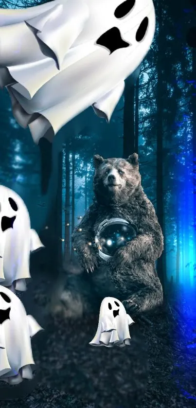 A bear with ghosts in an enchanted blue forest.