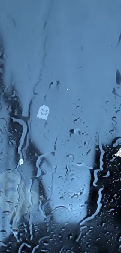 Ghosts on rain-soaked glass with a blue hue, perfect for mobile wallpaper.