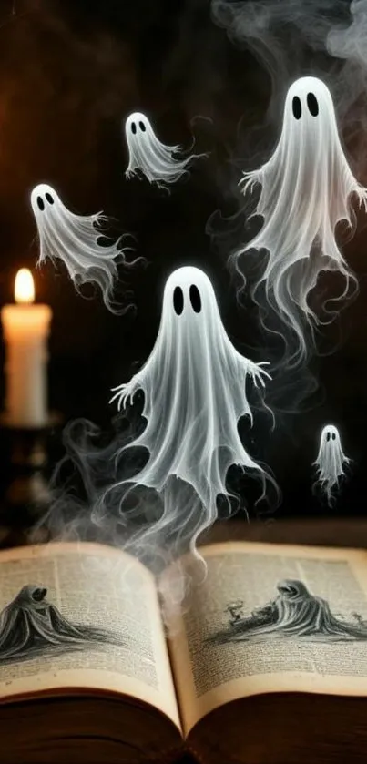 Floating ghosts rise from an open book by candlelight.