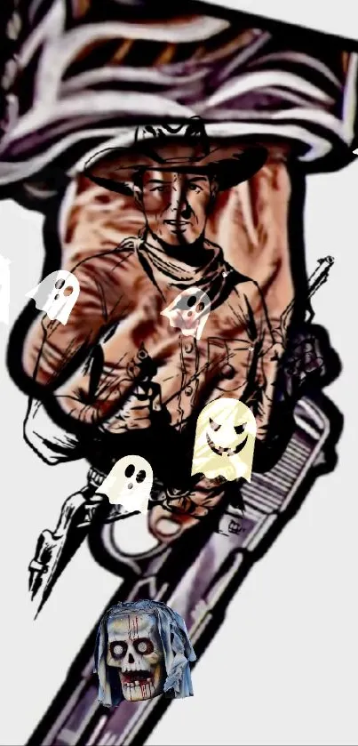 Cowboy with ghosts artwork phone wallpaper.