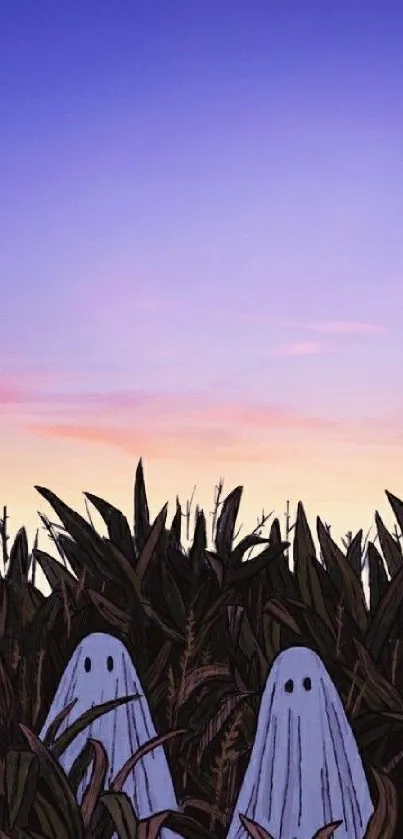 Ghosts in a cornfield at dusk with a purple sky.