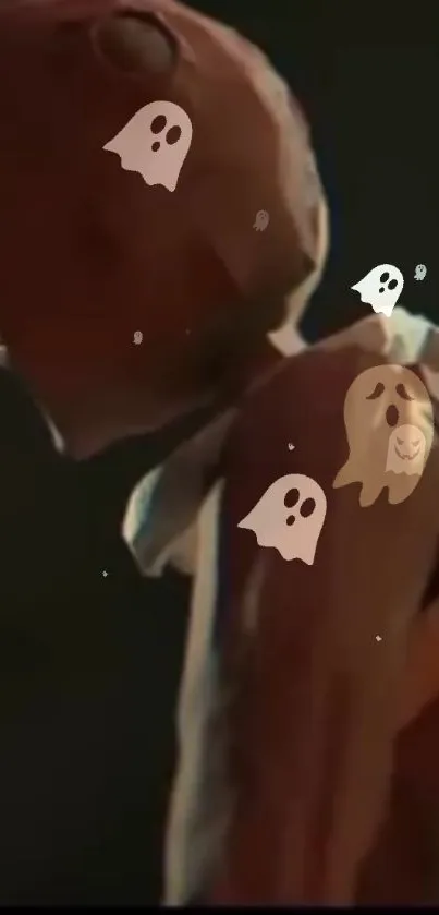 Ghostly figure with small floating ghosts on dark brown background.