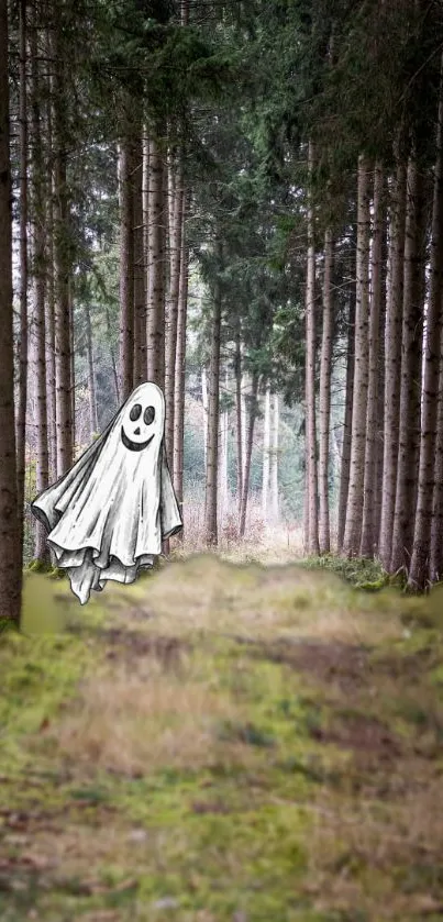 Ghost in a forest-themed mobile wallpaper with a mysterious ambiance.