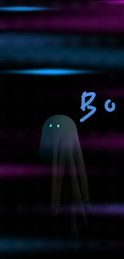 Dark mobile wallpaper with a glowing ghost figure and 'Boo' written in blue.