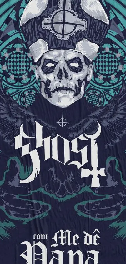 Gothic-themed wallpaper with ghostly skull design and dark teal background.