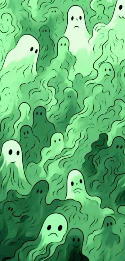 Whimsical green wallpaper with floating cartoon ghosts.