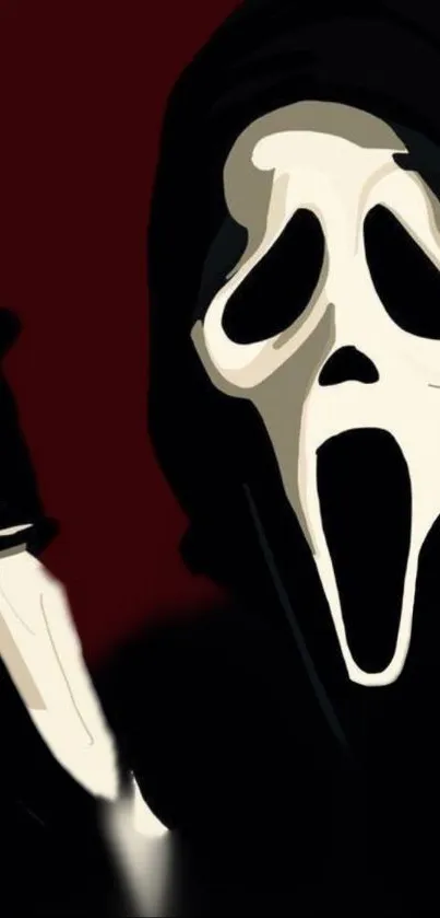 Ghostface mask with knife in dark background wallpaper.