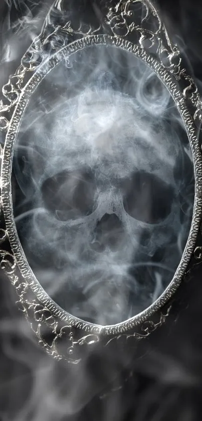 Eerie skull reflected in an ornate mirror with swirling mist.