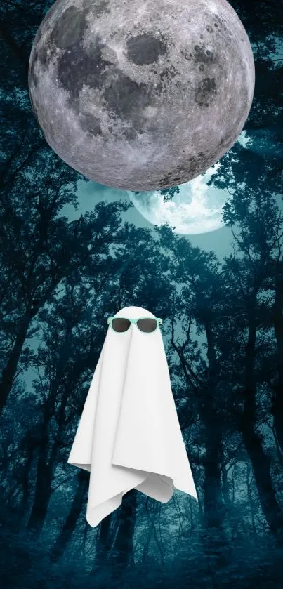 Ghost under full moon in dark forest wallpaper.