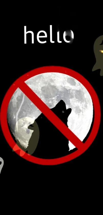 Mobile wallpaper with ghosts, moon, and no-howling sign.