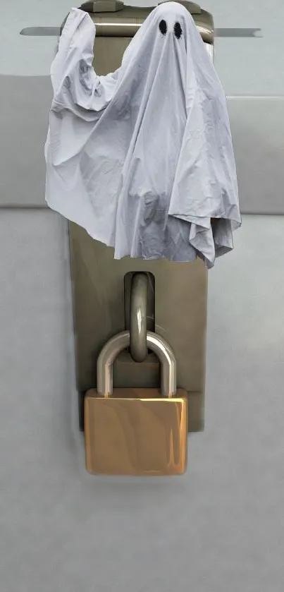 A ghostly figure draped over a padlock on a mobile wallpaper.