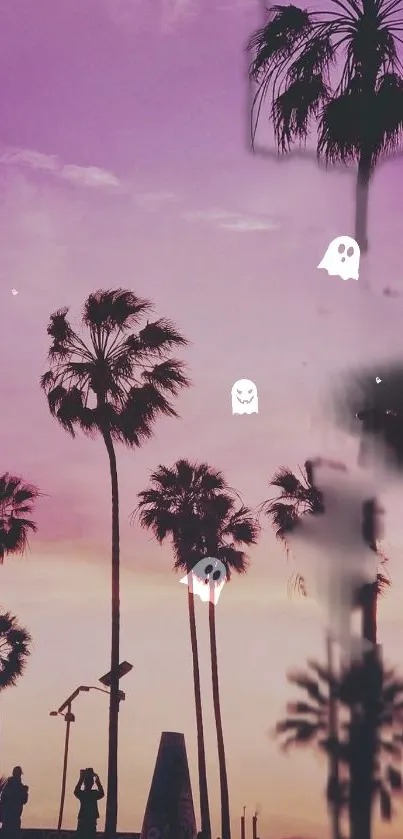 Ghostly figures float among palm trees under a purple sky at sunset.