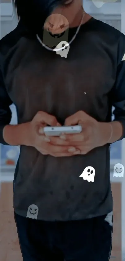 Person holding phone with ghost decals in dark-themed wallpaper.