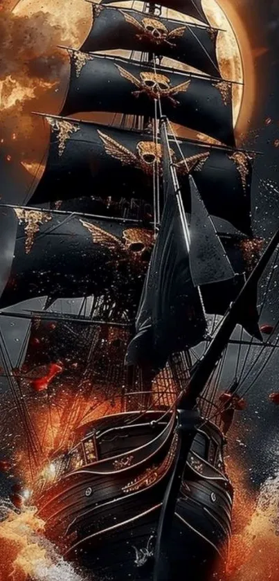 Mysterious pirate ship sailing under a glowing full moon.