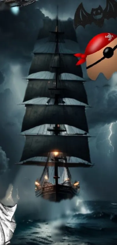 Pirate ship sailing under stormy, ghost-filled sky.