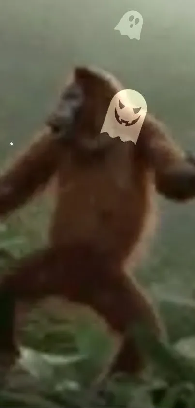 Orangutan wearing a ghost costume in a jungle setting for Halloween.