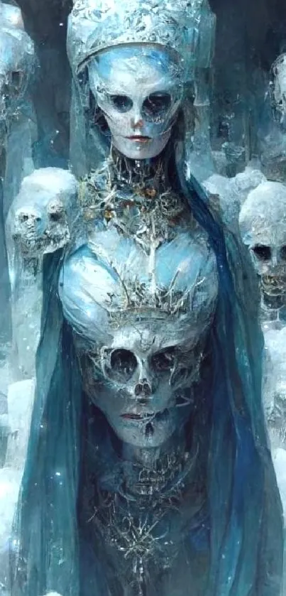 Ghostly queen with skulls in fantasy art wallpaper.