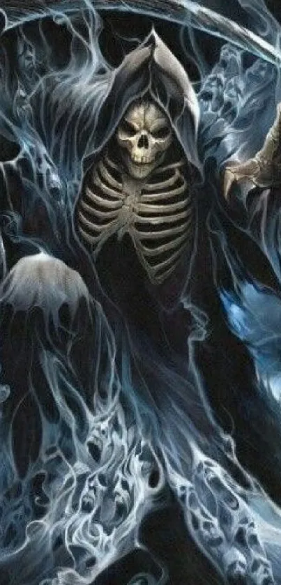 Mystical ghostly reaper with skeletal figure and smoky blue wisps.