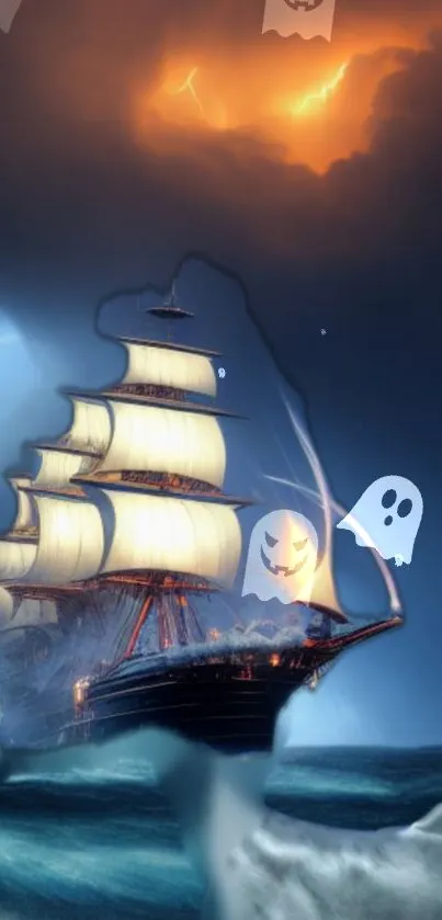 Ghostly ship sailing under stormy sky with haunting vibes.