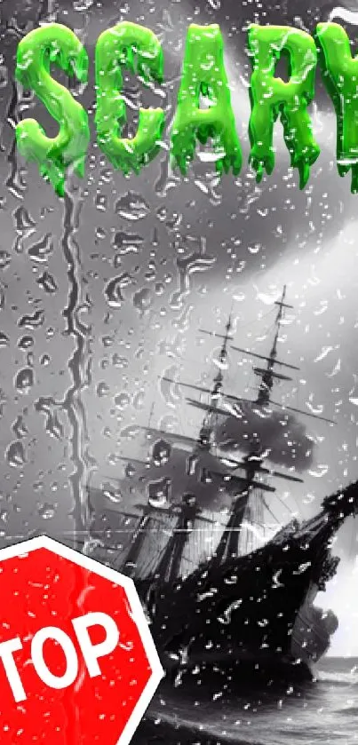 Ghostly ship with eerie green text and red stop sign in stormy seas.