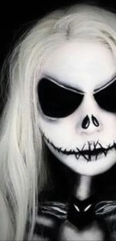 Ghostly skull with white hair on a dark background, eerie mobile wallpaper.